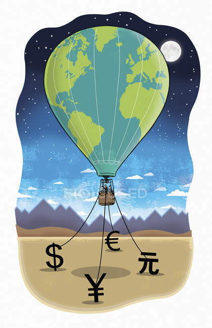 Business people in hot air balloon at night being held by currency symbols — Stock Photo