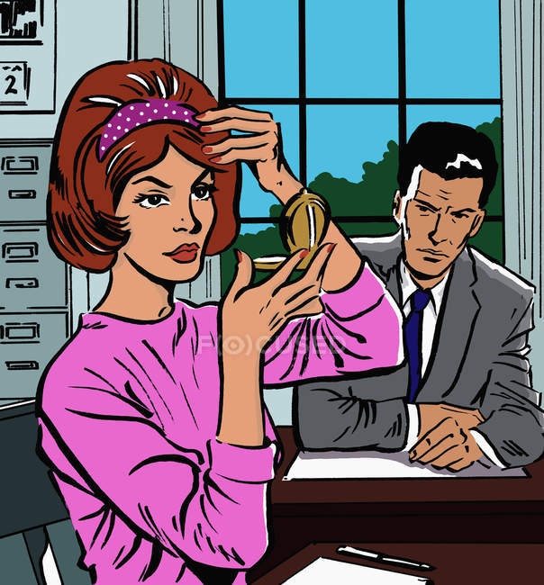 Женщина чинит волосы в офисе — стоковое фото