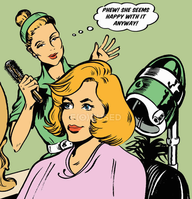 Cabeleireiro expressando alívio no cabelo do cliente — Fotografia de Stock