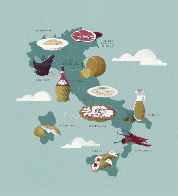 Мапа Італії з традиційною італійською їжею — стокове фото