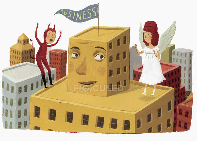 Angel and devil on high rise building with business flag — Stock Photo