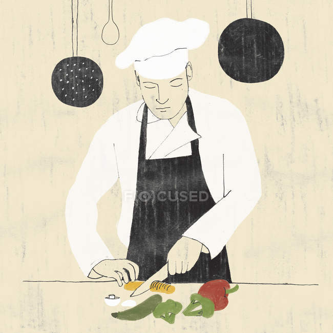 Chef en cocina cortando verduras - foto de stock