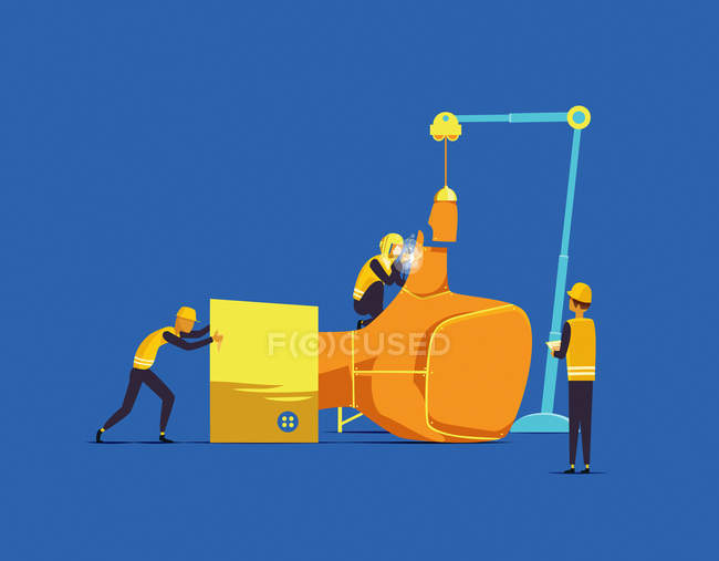 Builders assembling large hand — Stock Photo