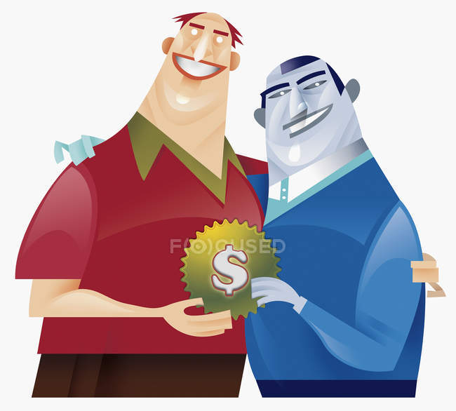 Two men holding cog with dollar sign decoration — Stock Photo