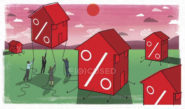 Business people trying to hold rising house with percent symbols — Stock Photo