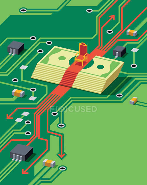 Money under throne on circuit board — Stock Photo