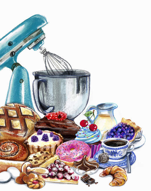 Variation of pastries and sweets and mixer — Stock Photo