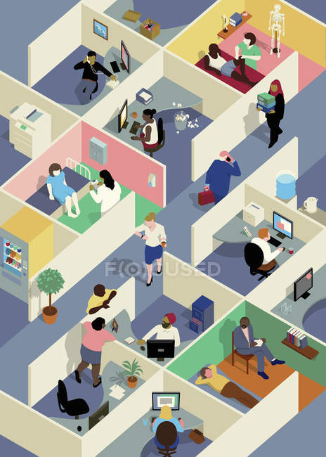 Cabine d'ufficio con malati e lavoratori — Foto stock