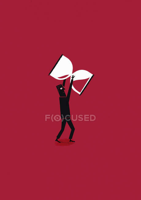 Businessman holding hourglass on red background — Stock Photo