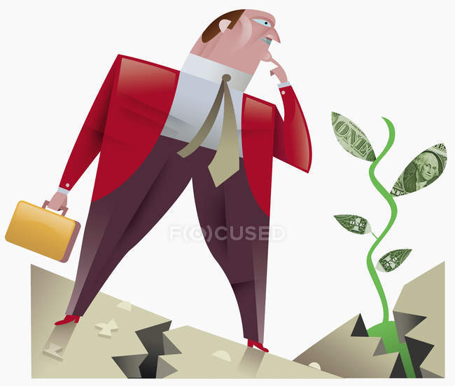 Businessman looking at plant with dollar leaves — Stock Photo