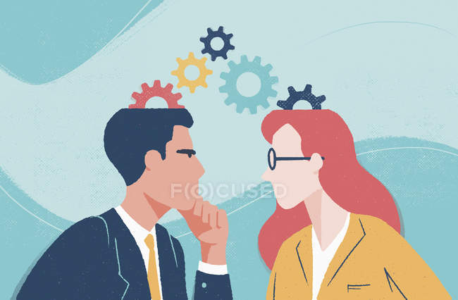 Businessman and businesswoman with cogwheels above their heads facing each other — Stock Photo