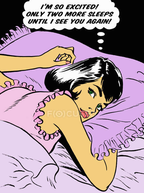 Excited woman laying in bed and thinking in thought bubble — Stock Photo