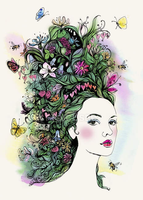 Portrait of beautiful woman with butterflies and flowers in hair — Stock Photo