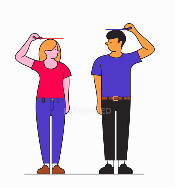 Homem e mulher de pé lado a lado medindo a si mesmos — Fotografia de Stock