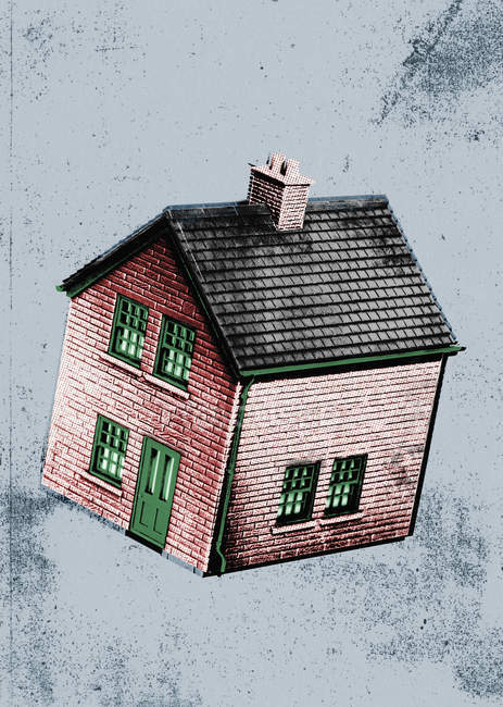 Maison carrée rouge avec fenêtres vertes sur fond gris — Photo de stock