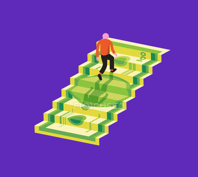 Человек, поднимающийся по лестнице на банкноте — стоковое фото