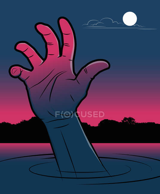 Main d'un homme se noyant dans le lac la nuit — Photo de stock