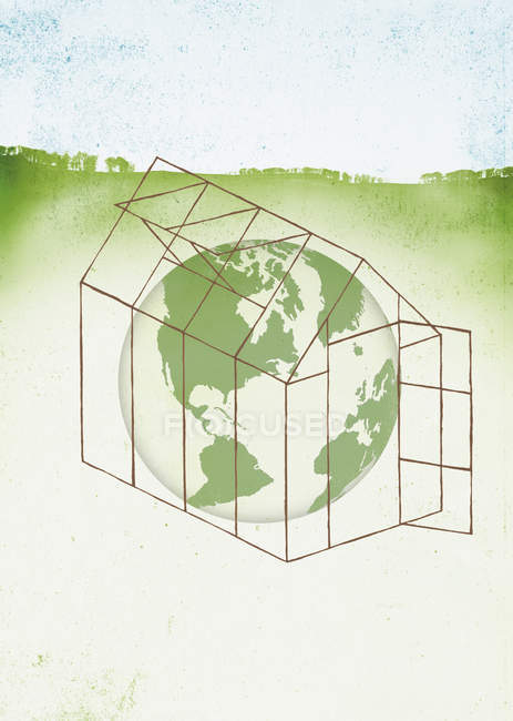 Globe in greenhouse on green background — Stock Photo
