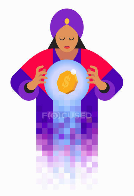Fortune teller looking in crystal ball with dollar sign — Stock Photo