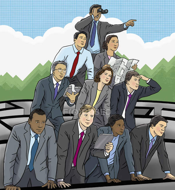 Business people building pyramid to look out from maze — Stock Photo