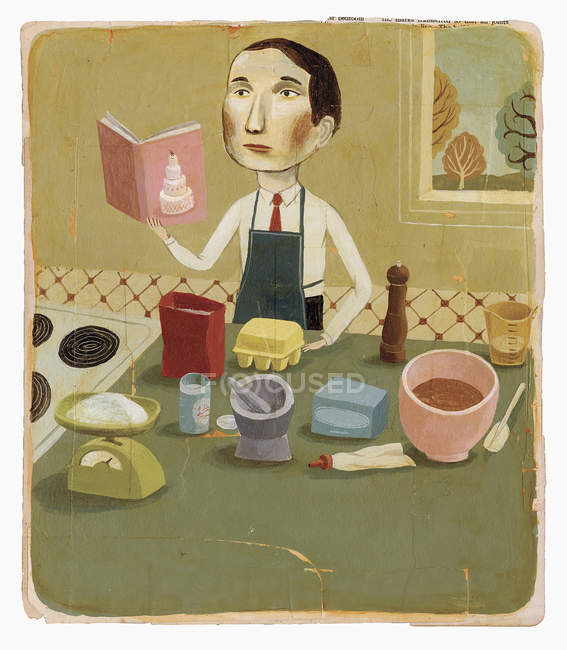 Чоловік з кулінарною книгою випічка на кухні — стокове фото