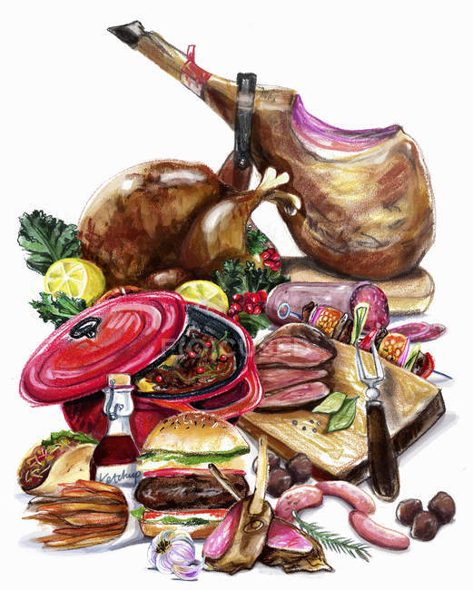 Variación de la carne sobre fondo blanco - foto de stock
