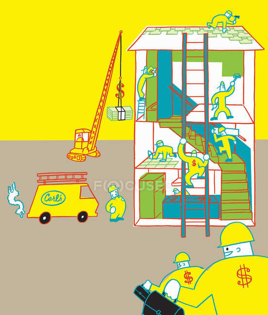 Arbeiter tragen Dollarzeichen Overalls Umbau Haus — Stockfoto