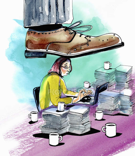 Large foot stepping on woman working at desk — Stock Photo