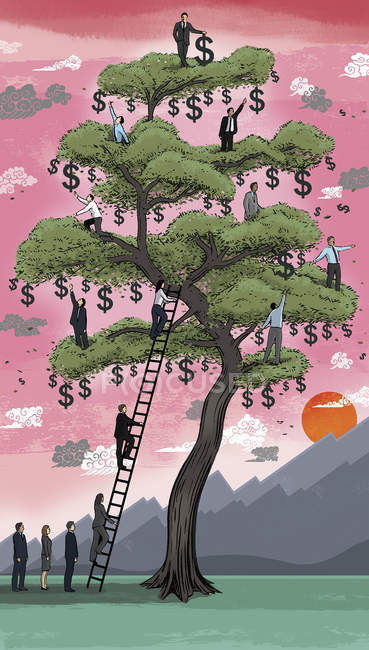 Gente de negocios subiendo al árbol del dinero - foto de stock