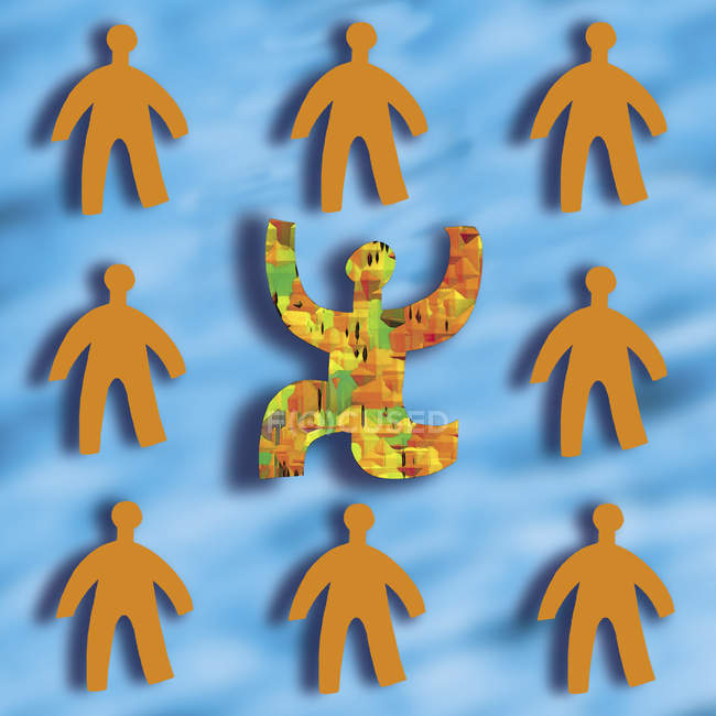 Happy figurine standing out from the crowd — Stock Photo