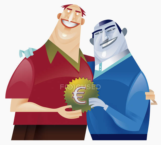 Двоє чоловіків тримають конус з прикрасою знака євро — стокове фото