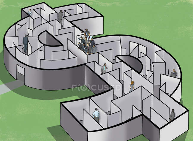 Business people in dollar maze with team finding solution — Stock Photo