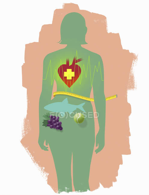 Health, nutrition and sports symbols inside woman outline — Stock Photo