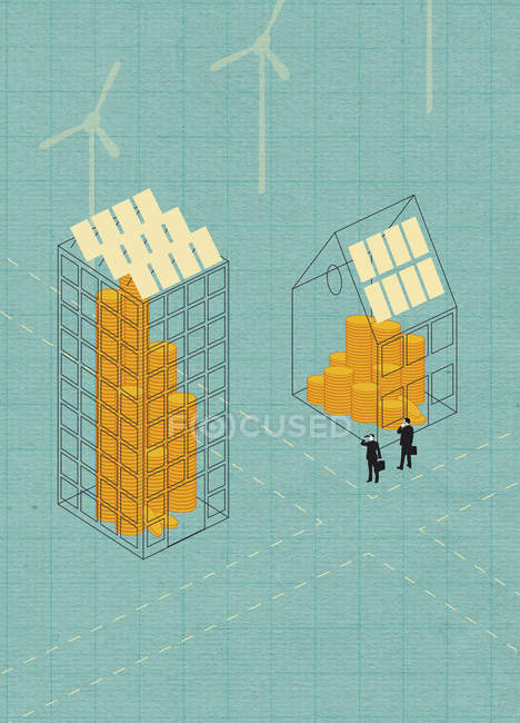 Два бізнесмени, що стоять вдома з сонячною системою, наповнені грошима — стокове фото