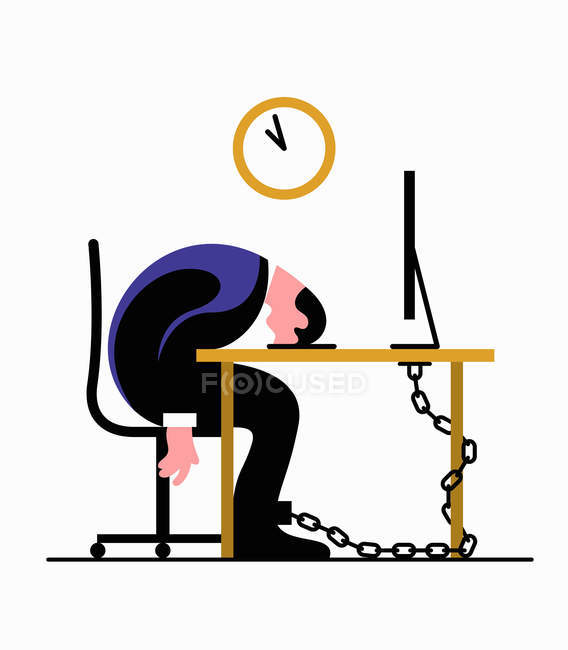 Exhausted Businessman Chained To Desk Sleeping White Background