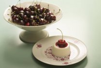 Панна Котта на модной тарелке со свежими вишнями . — стоковое фото