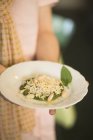 Brokkoli-Püree mit Basilikumblättern, braunem Reis und Cannellini-Bohnen — Stockfoto