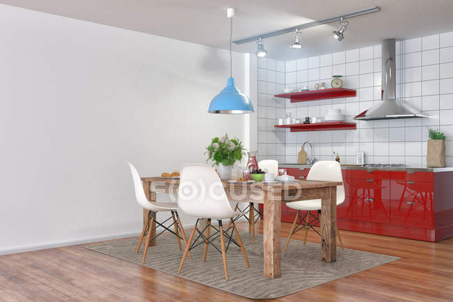 3d render - interior de la cocina moderna con comedor - foto de stock