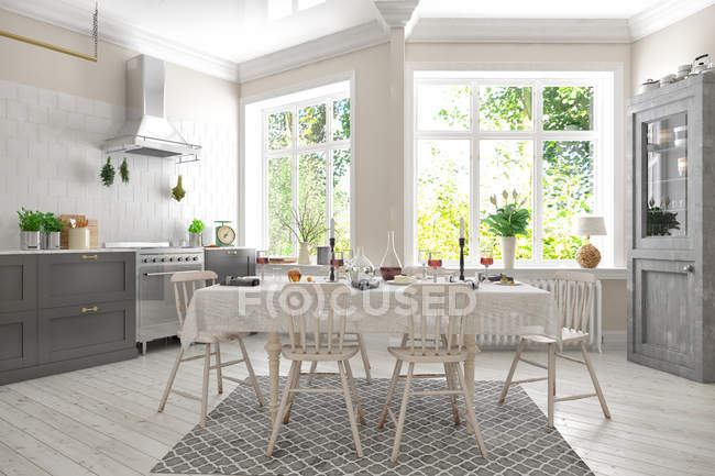 3d render of scandinavian flat - kitchen - dining room — Stock Photo