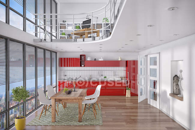 3d - modernes Loft mit Galerie, Essbereich, Küche — Stockfoto