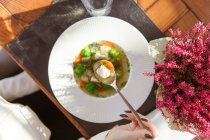 Обрізаний знімок жінки, що їсть смачний здоровий суп з овочами у білій тарілці — стокове фото