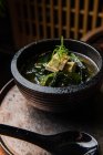 Primer plano vista de deliciosa sopa asiática Miso - foto de stock