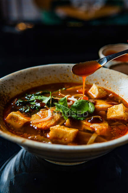 Смачний італійський суп з яловичиною, морквою, часником і зеленим перцем — стокове фото