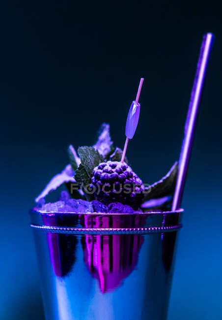 Vista de cerca del vaso con cóctel gourmet con moras, menta y hielo - foto de stock