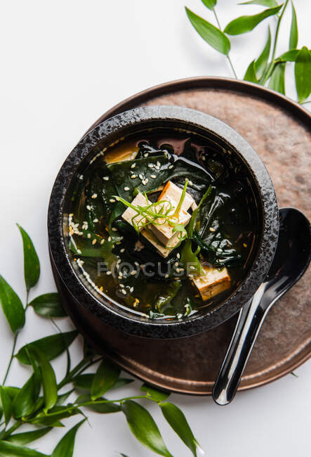 Vista close-up de deliciosa sopa Miso asiática — Fotografia de Stock