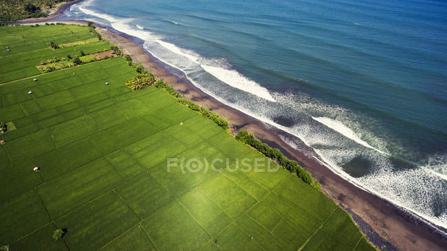 Top view aerial photo from flying drone of beautiful seashore view with black sand beach and good ocean waves for surfing. — Stock Photo