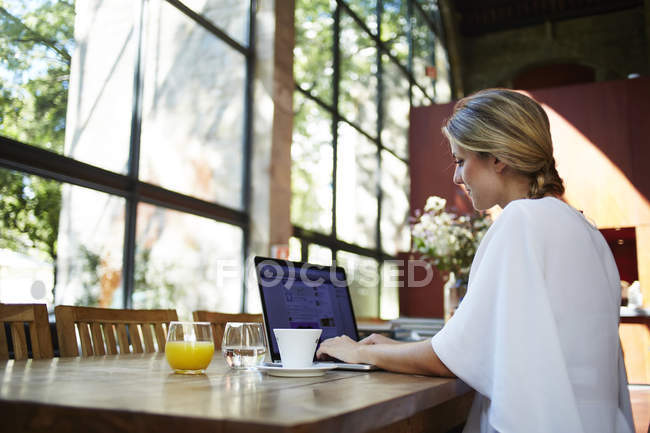 Schöne junge Frau arbeitet an Netzbuch — Stockfoto