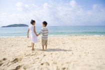 Vista posteriore dei bambini in piedi sulla spiaggia e che si tengono per mano — Foto stock