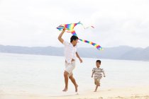 Padre e hijo volando cometa en la playa - foto de stock