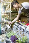 Чоловічий флорист поливає рослини в квітковому магазині — стокове фото
